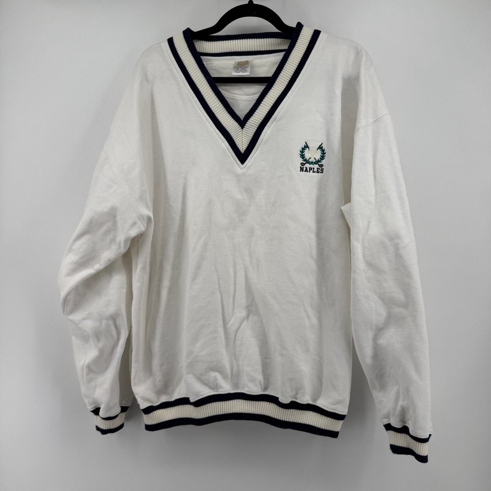 BAC V-Neck Sweatshirt Women L White Naples Golf Embroidered Striped Trim USA